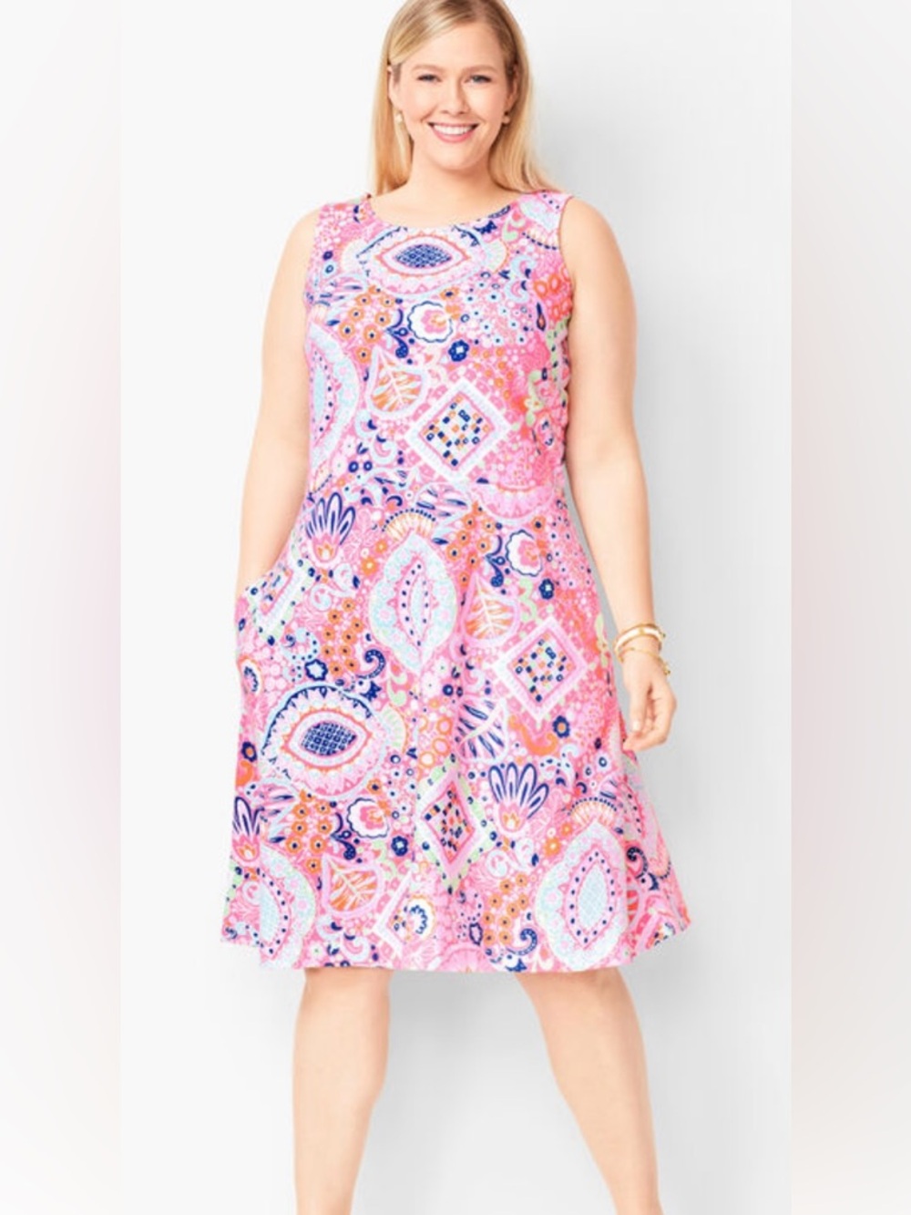 Talbots EDIE FIT & FLARE PAISLEY COTTON DRESS WITH POCKETS Size Medium Petite